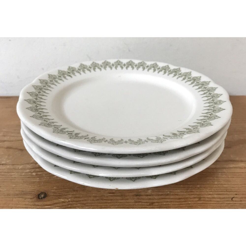 Set Lot 4 Vtg Buffalo China Restaurant Ware Green Pattern Dessert Plates 7.25"